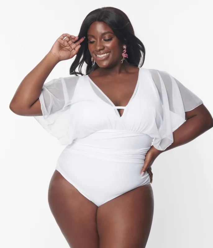Unique Vintage Plus Size White Mesh Sleeved Torrey Swimsuit sold by Unique Vintage