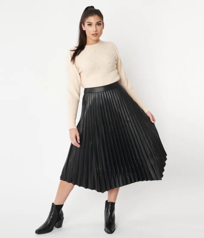 Black Vegan Leather Pleated Midi Skirt sold by Unique Vintage