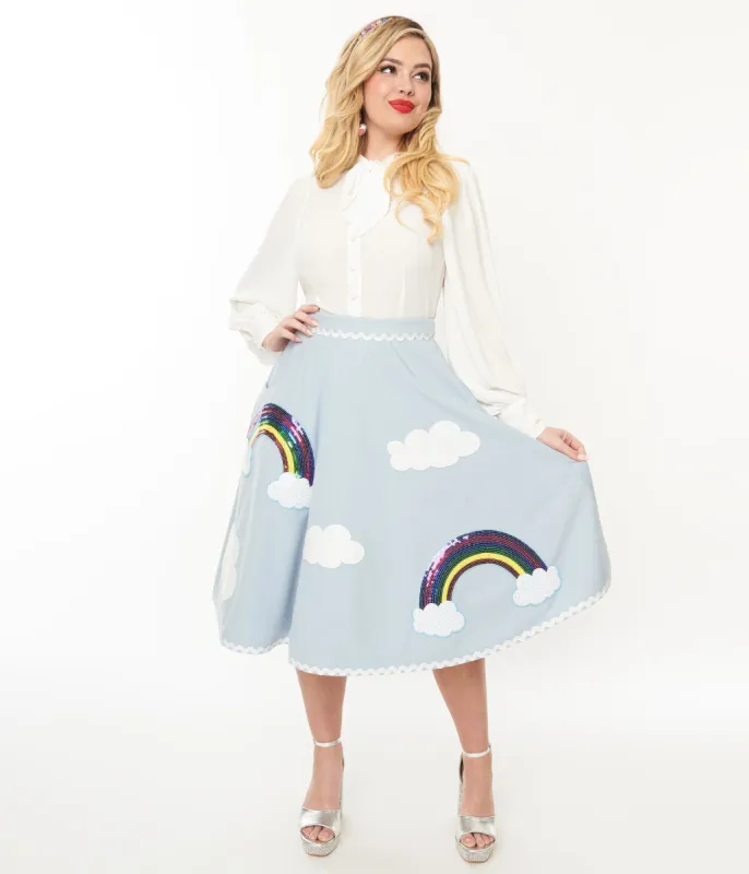 Unique Vintage 1950s Light Blue & Rainbow Sequin Soda Shop Swing Skirt sold by Unique Vintage
