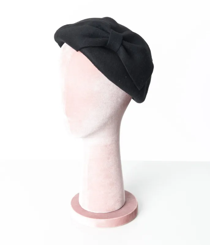 Unique Vintage 1920s Black Wool Felt Bow Beret sold by Unique Vintage