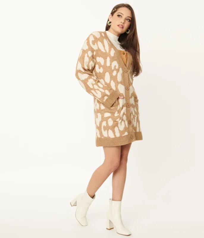1970s Mocha Leopard Print Long Cardigan made by Unique Vintage