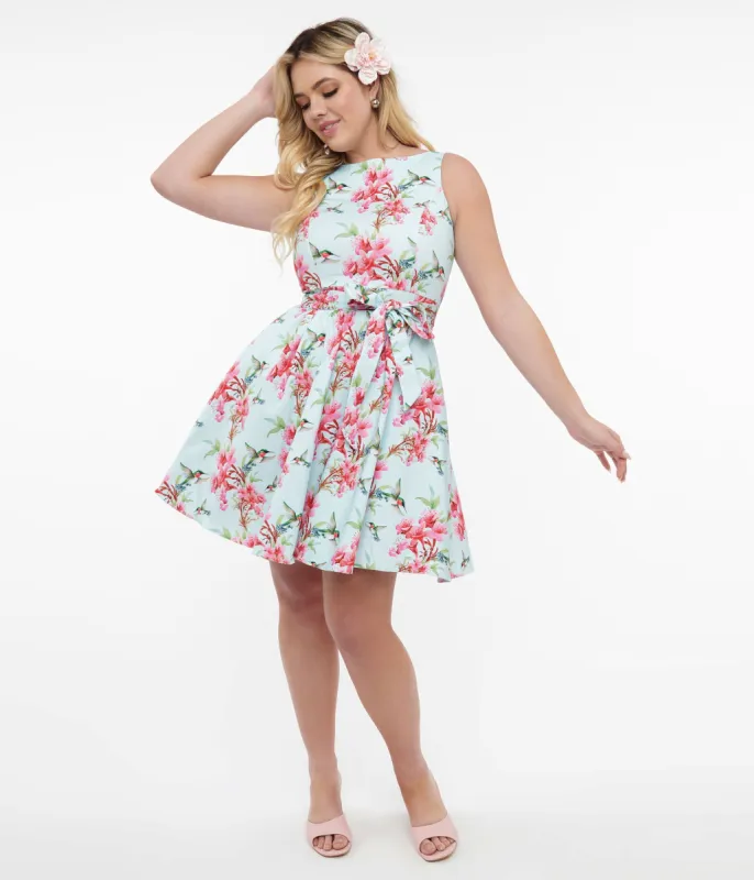 1950s Blue & Pink Floral Hummingbird Print Cotton Tea Fit & Flare Dress sold by Unique Vintage