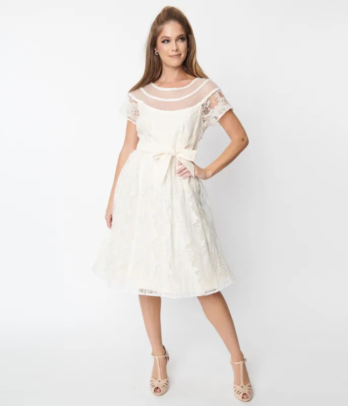 Unique Vintage White Burnout Rose Flare Dress sold by Unique Vintage