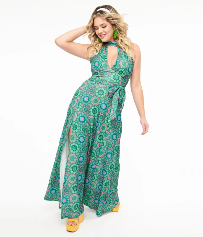 Smak Parlour 1960s Emerald Floral Halter Maxi Dress sold by Unique Vintage