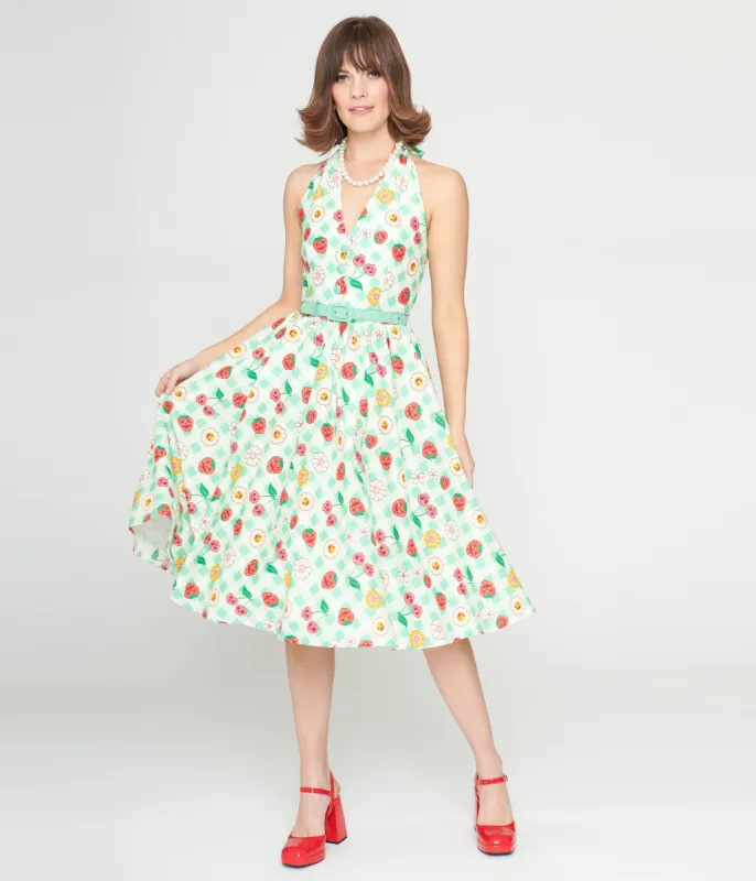 Unique Vintage 1950s Green Gingham Spooky Fruit Print Halter Swing Dress sold by Unique Vintage