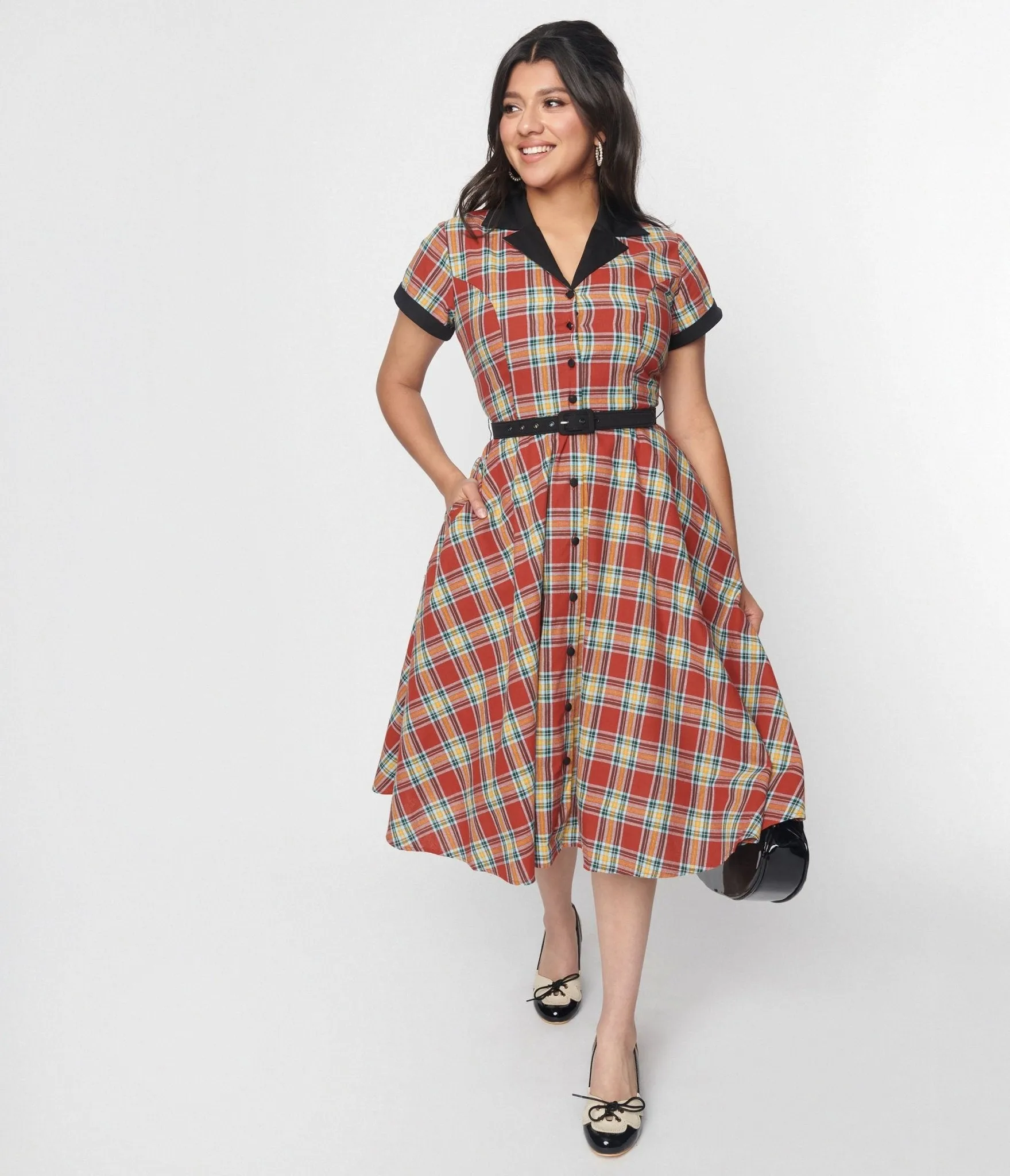 Unique Vintage Red Plaid & Black Contrast Alexis Swing Dress sold by Unique Vintage