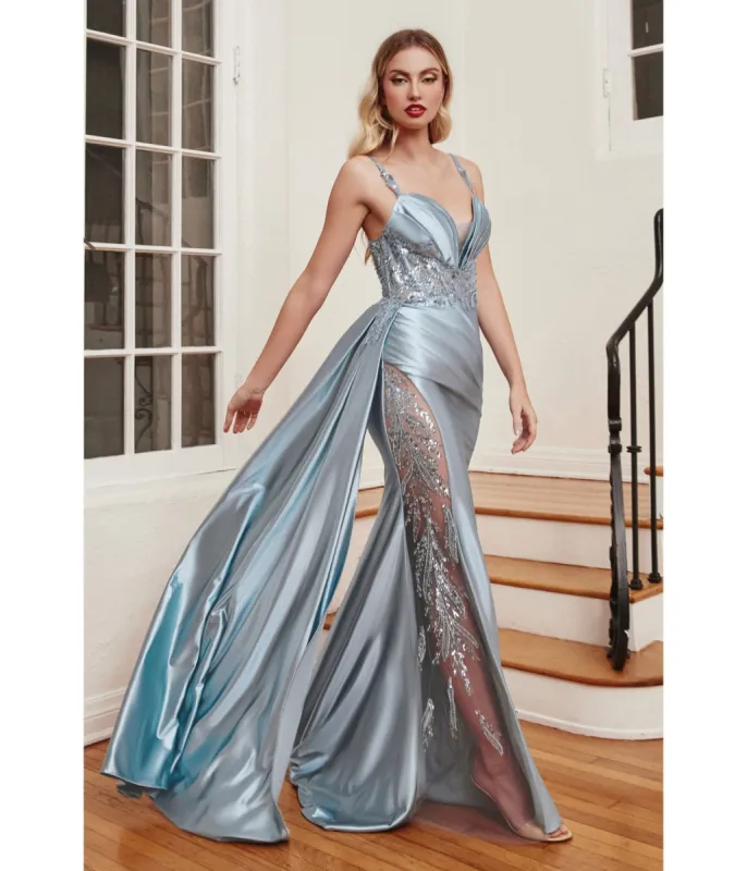 Cinderella Divine  Dusty Blue Soft Satin Sheer Leaves Gown sold by Unique Vintage