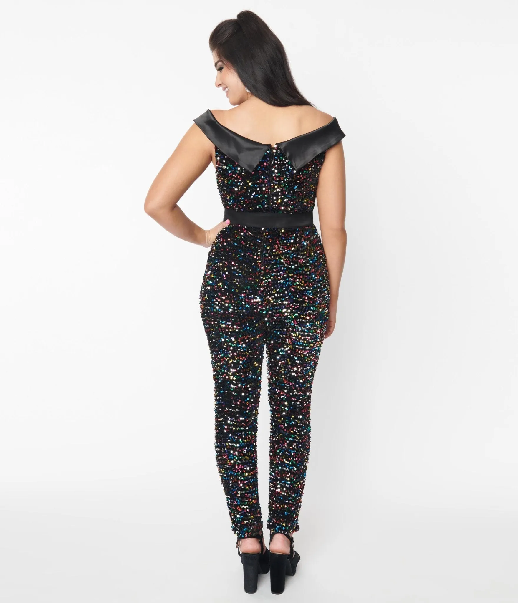 Unique Vintage 1970s Black & Rainbow Sequin Gillian Jumpsuit sold by Unique Vintage product image thumbnail 3