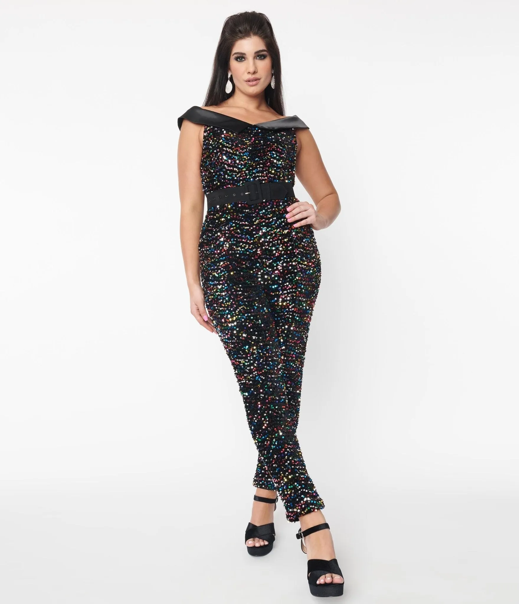 Unique Vintage 1970s Black & Rainbow Sequin Gillian Jumpsuit sold by Unique Vintage