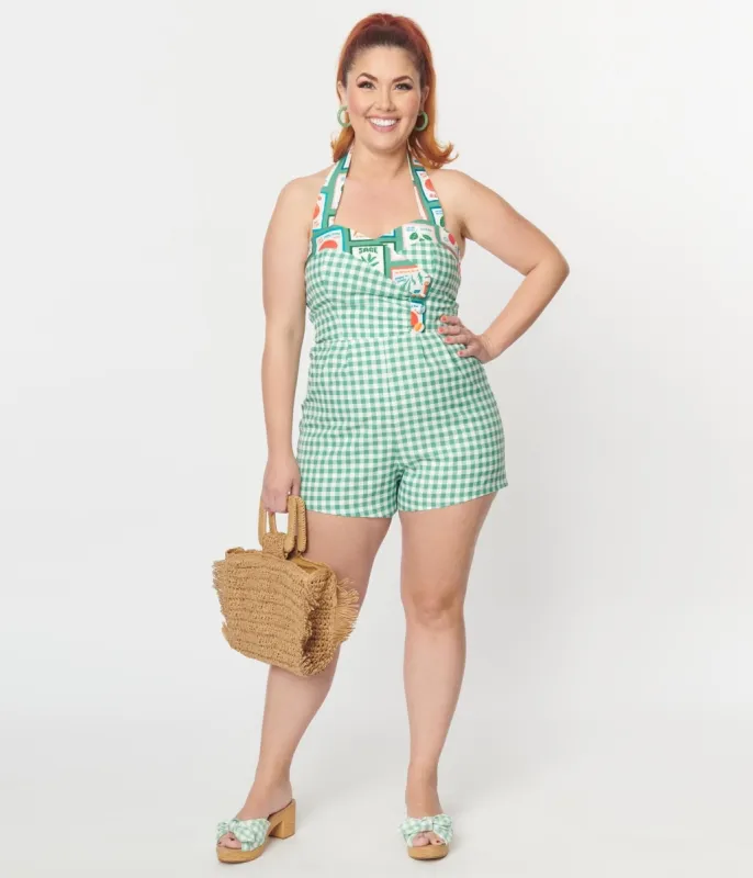 Unique Vintage Green & White Vegetable Gingham Romper sold by Unique Vintage