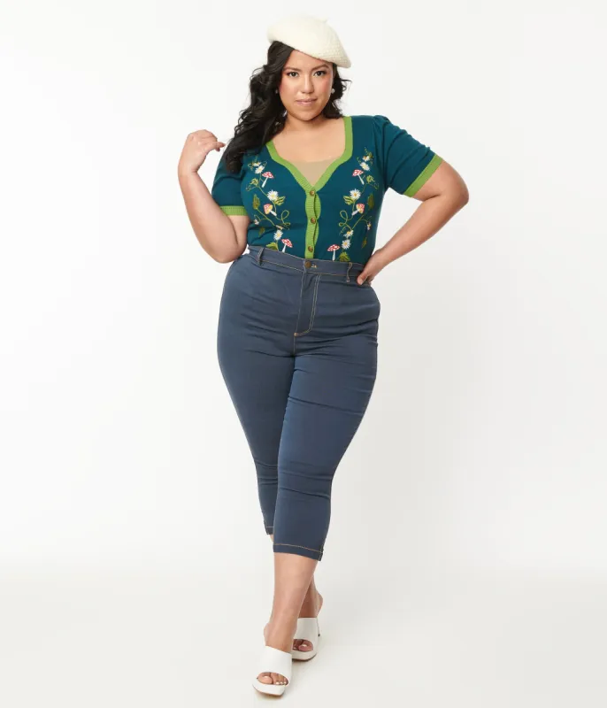 Unique Vintage Plus Size Denim Mushroom & Daisy Embroidered Rachelle Capri Pants sold by Unique Vintage