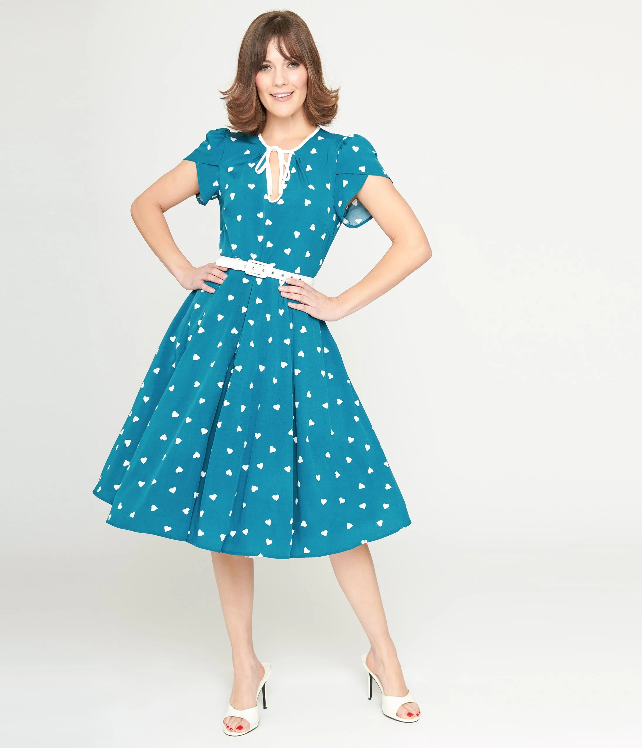 Unique Vintage 1940s Teal & White Heart Dahlia Swing Dress sold by Unique Vintage