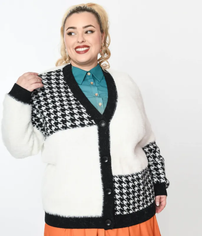 Plus Size Black Houndstooth & White Color Block Fuzzy Cardigan made by Unique Vintage