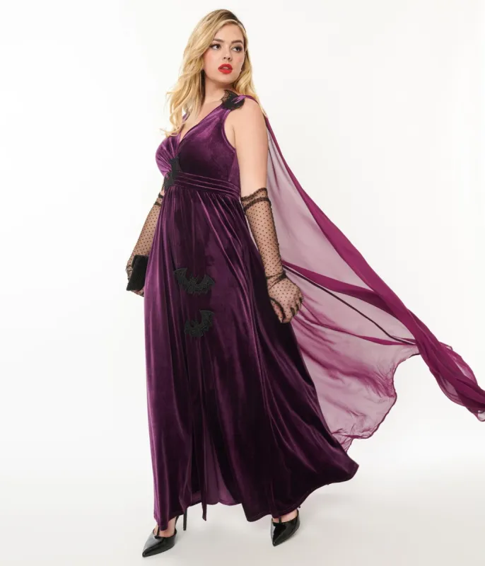 Unique Vintage Eggplant & Black Bat Velvet Cape Gown sold by Unique Vintage