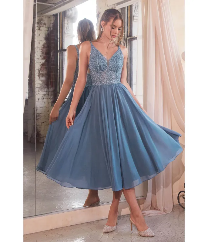 Cinderella Divine  Smoky Blue Beaded Chiffon Tea Length Dress sold by Unique Vintage