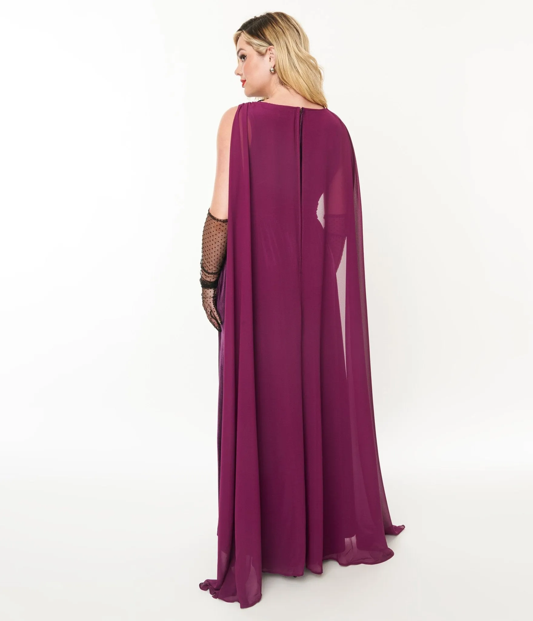 Unique Vintage Eggplant & Black Bat Velvet Cape Gown sold by Unique Vintage product image thumbnail 2