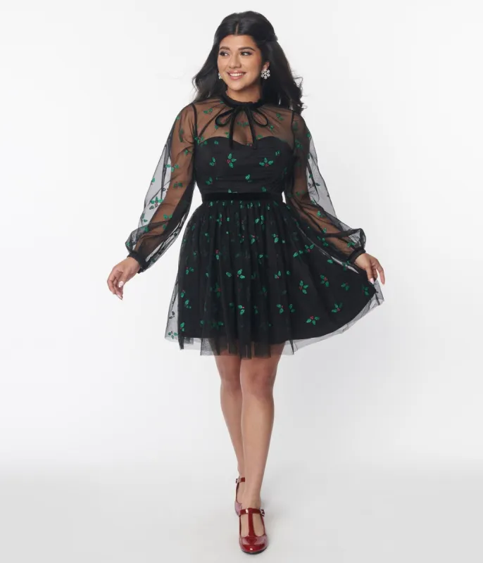 Unique Vintage Black & Glitter Mistletoe Flare Dress sold by Unique Vintage