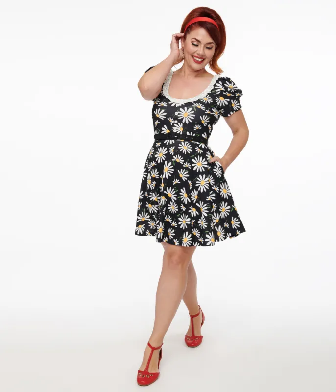 Smak Parlour Black & White Daisy Group Chat Flare Dress sold by Unique Vintage