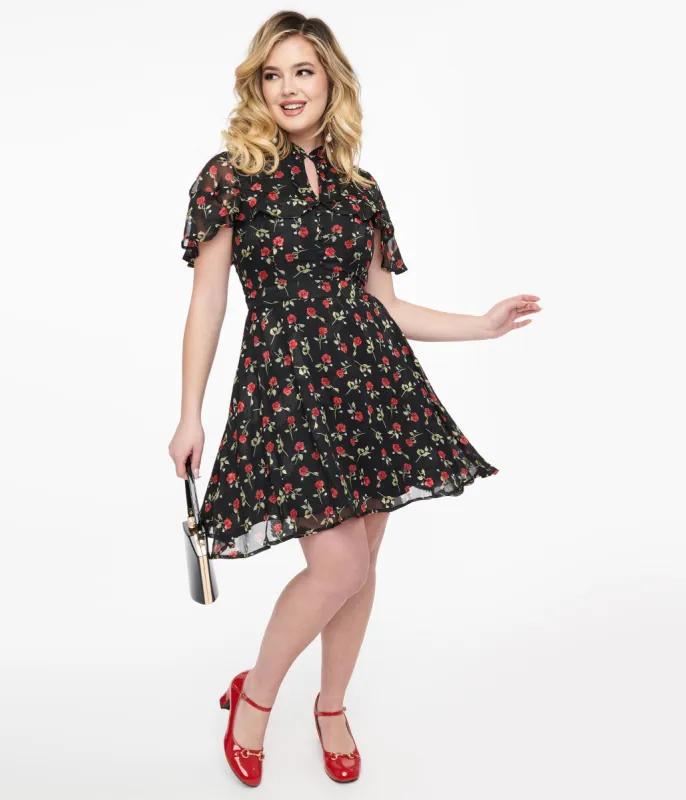 Unique Vintage 1950s Black & Red Rose Capulet Fit & Flare Dress sold by Unique Vintage