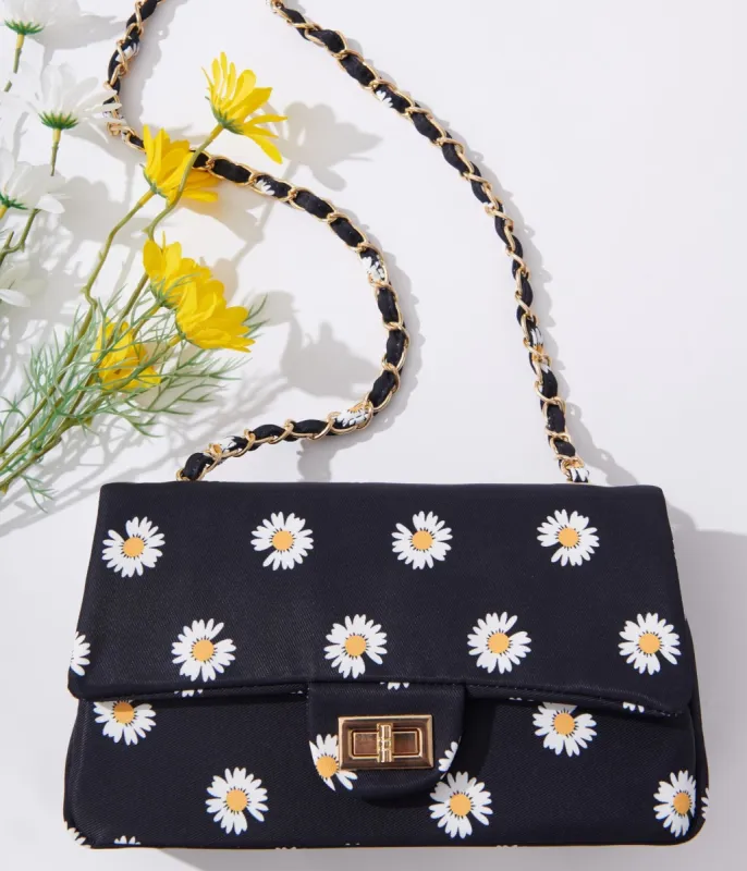 Black & White Daisy Dual Chain Handbag sold by Unique Vintage