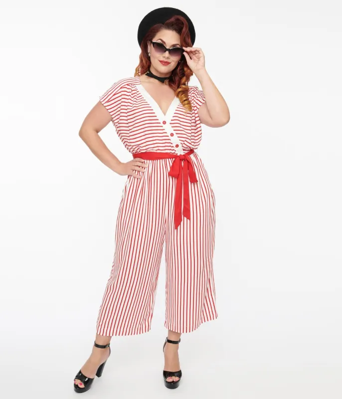 Hell Bunny 1950s White & Red Striped Jumpsuit sold by Unique Vintage