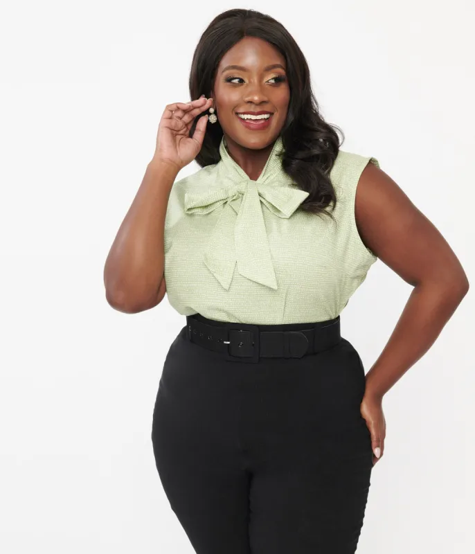 Retrolicious Plus Size 1950s Sage & White Dot Cotton Bow Top sold by Unique Vintage