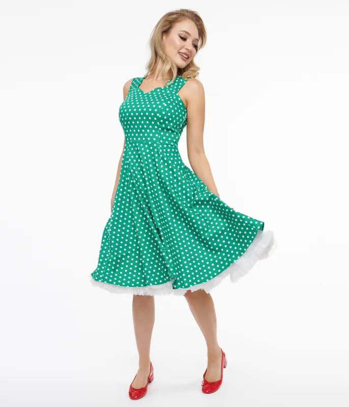 1950s Green & White Polka Dot Cotton Swing Dress sold by Unique Vintage