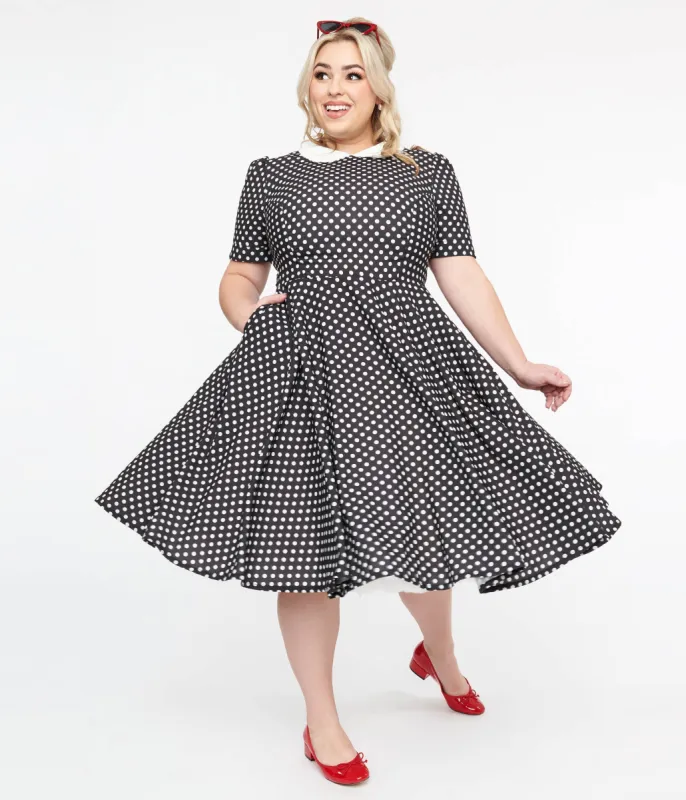 Plus Size 1950s Black & White Polka Dot Brielle Swing Dress sold by Unique Vintage