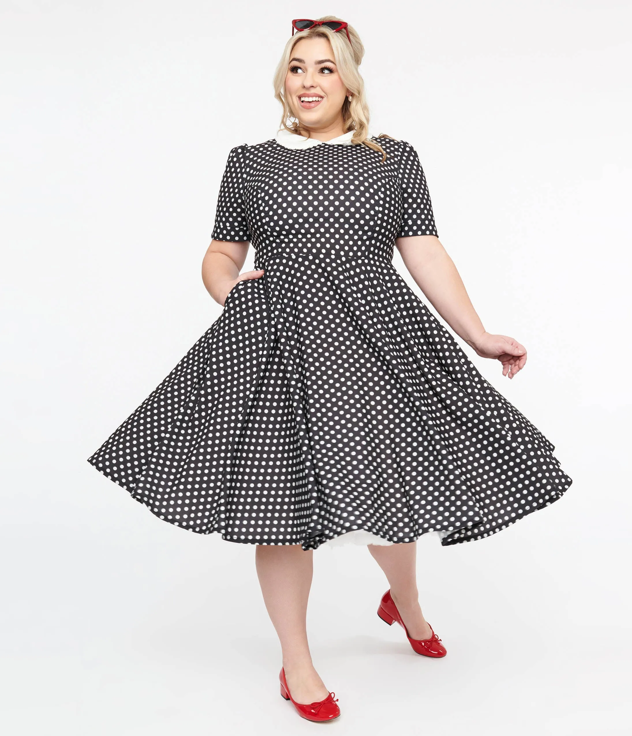 Plus Size 1950s Black & White Polka Dot Brielle Swing Dress sold by Unique Vintage