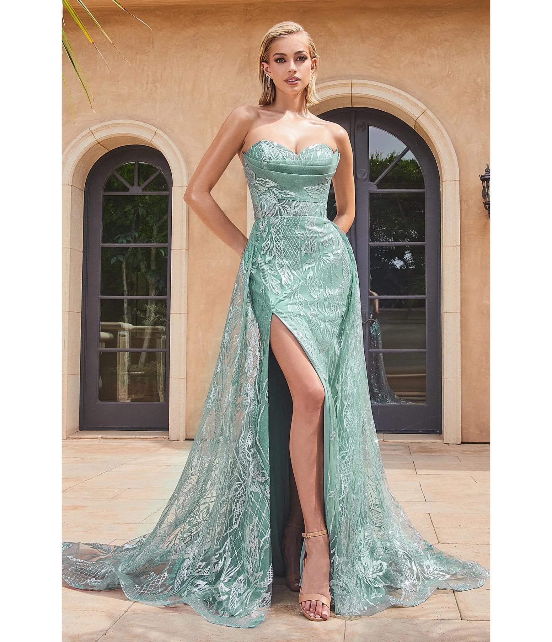 Cinderella Divine Sage Glitter Printed Strapless Mermaid Evening Gown sold by Unique Vintage