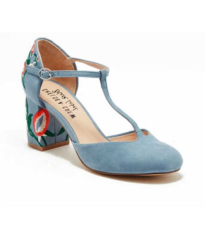 Chelsea Crew 1920s Sky Blue T-Strap Embroidered Frenchie Heels sold by Unique Vintage