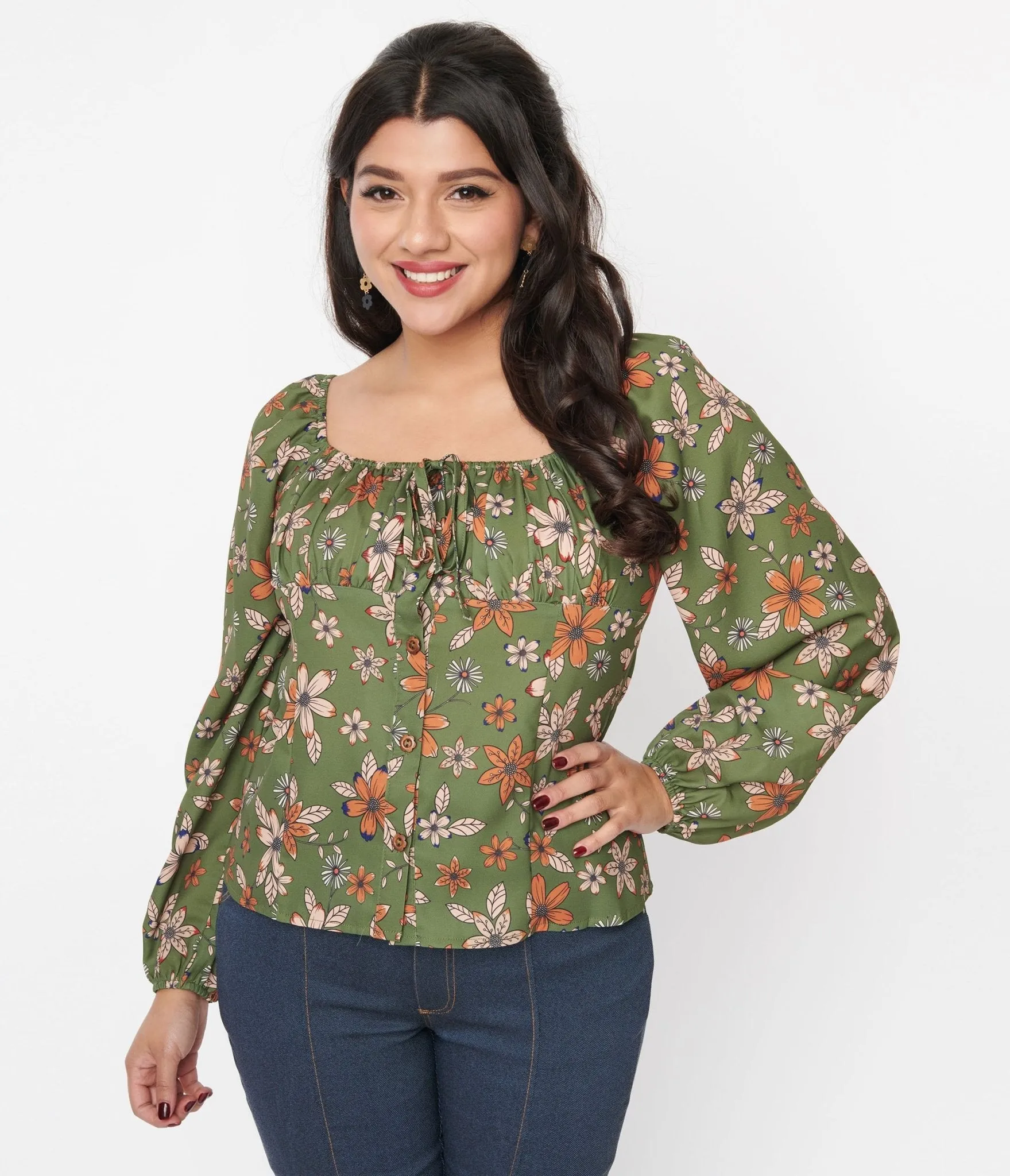 Voodoo Vixen Olive Green Modern Floral Long Sleeve Top sold by Unique Vintage product image thumbnail 2