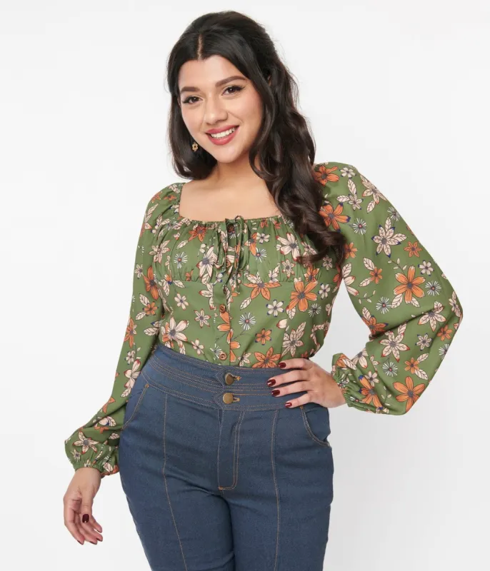 Voodoo Vixen Olive Green Modern Floral Long Sleeve Top sold by Unique Vintage