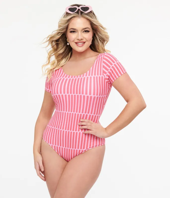 Pink Stripe Sleeved One Piece Swimsuit sold by Unique Vintage