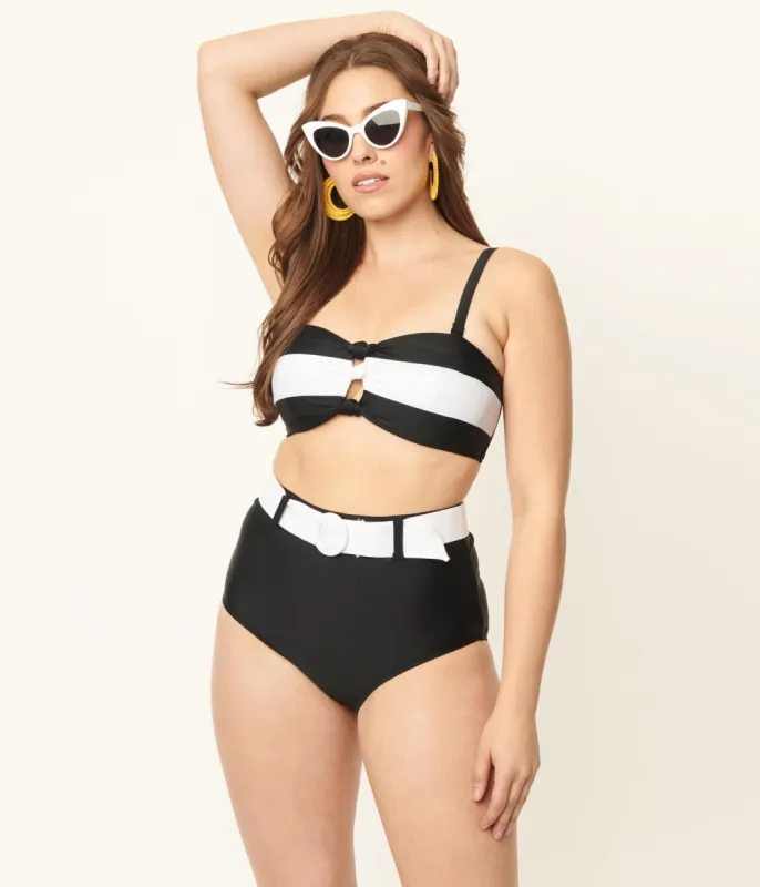 Unique Vintage Black & White Stripe Knot So Fast Swim Top sold by Unique Vintage
