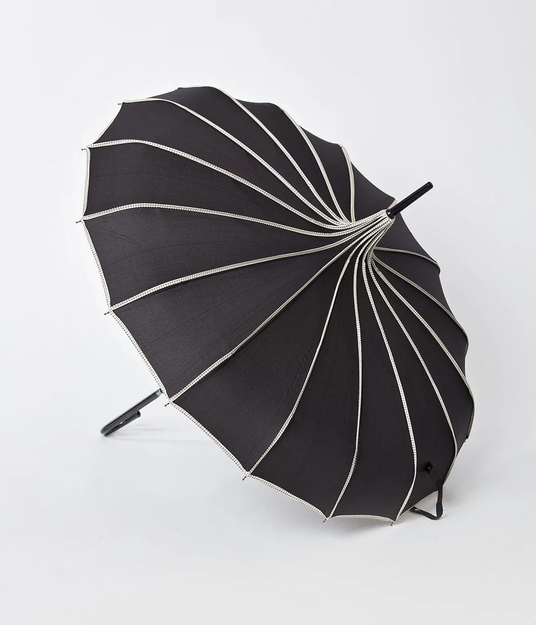Unique Vintage Black & Polka Dot Tan Princess Pagoda Umbrella sold by Unique Vintage