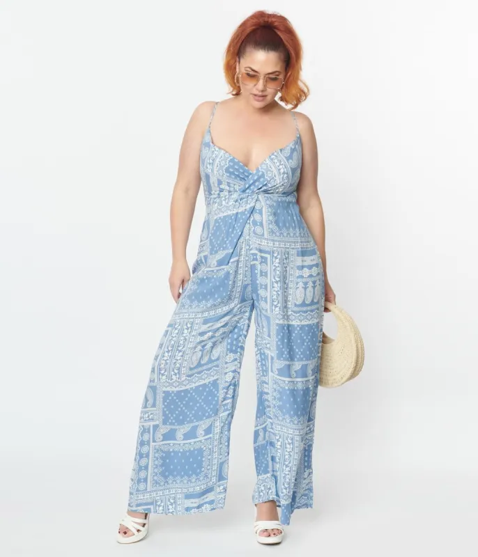 Plus Size Light Blue Bandana Print Jumpsuit sold by Unique Vintage