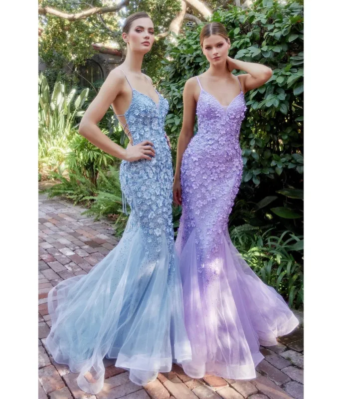 Cinderella Divine  Light Blue Chromatic Floral Mermaid Bridesmaid Dress sold by Unique Vintage