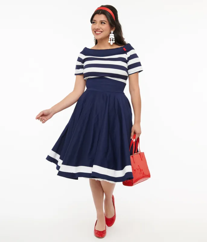 Dolly & Dotty 1950s Navy & White Striped Sailor Swing Dress sold by Unique Vintage