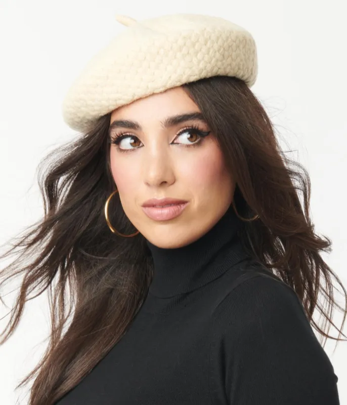 Unique Vintage Cream Basketweave Adieu Beret sold by Unique Vintage