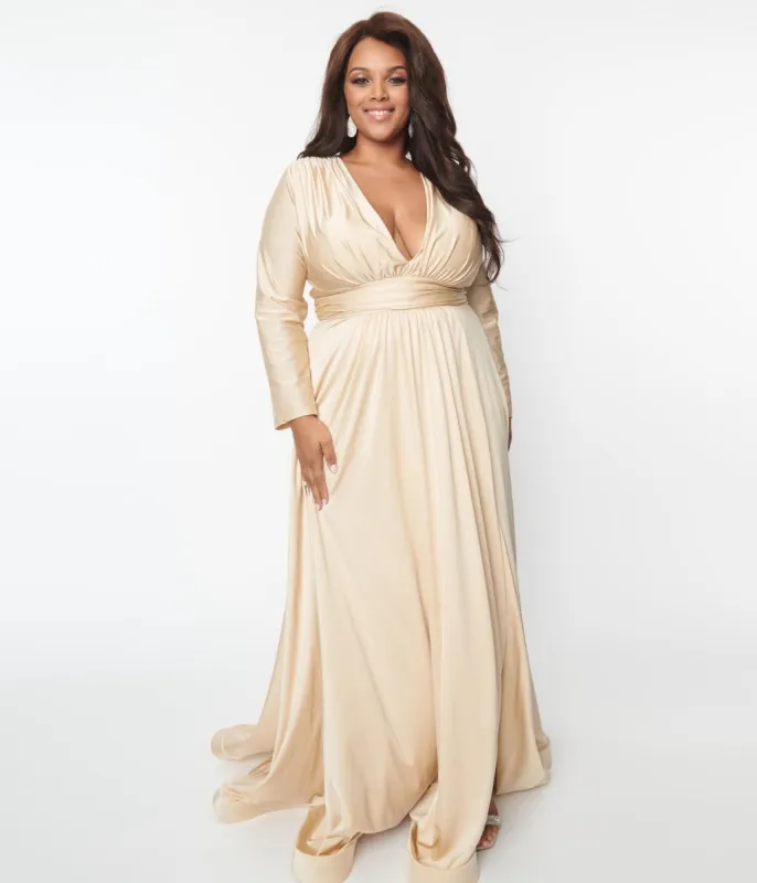 Plus Size Champagne Long Sleeve Sophisticated Goddess Gown sold by Unique Vintage