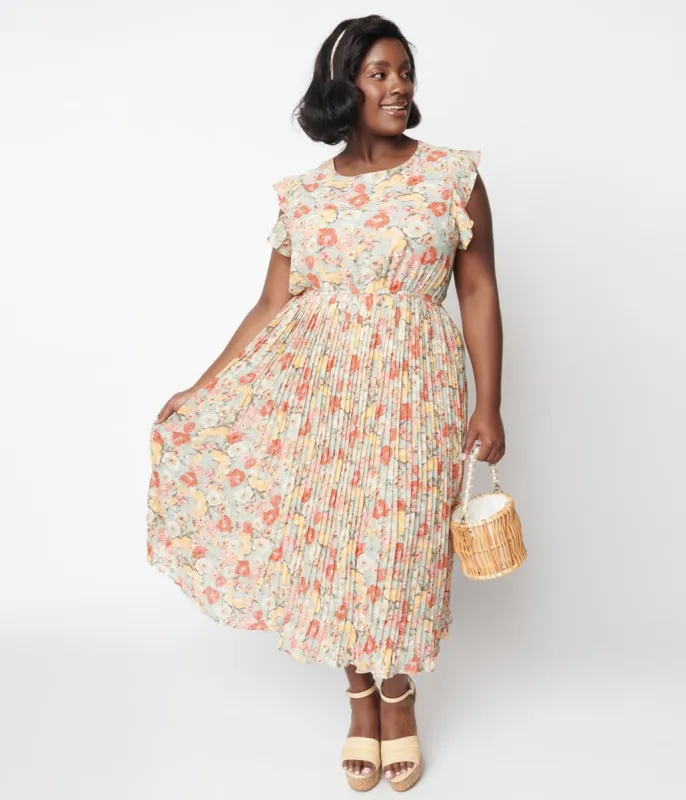 Sage Floral Pleated Midi Dress sold by Unique Vintage