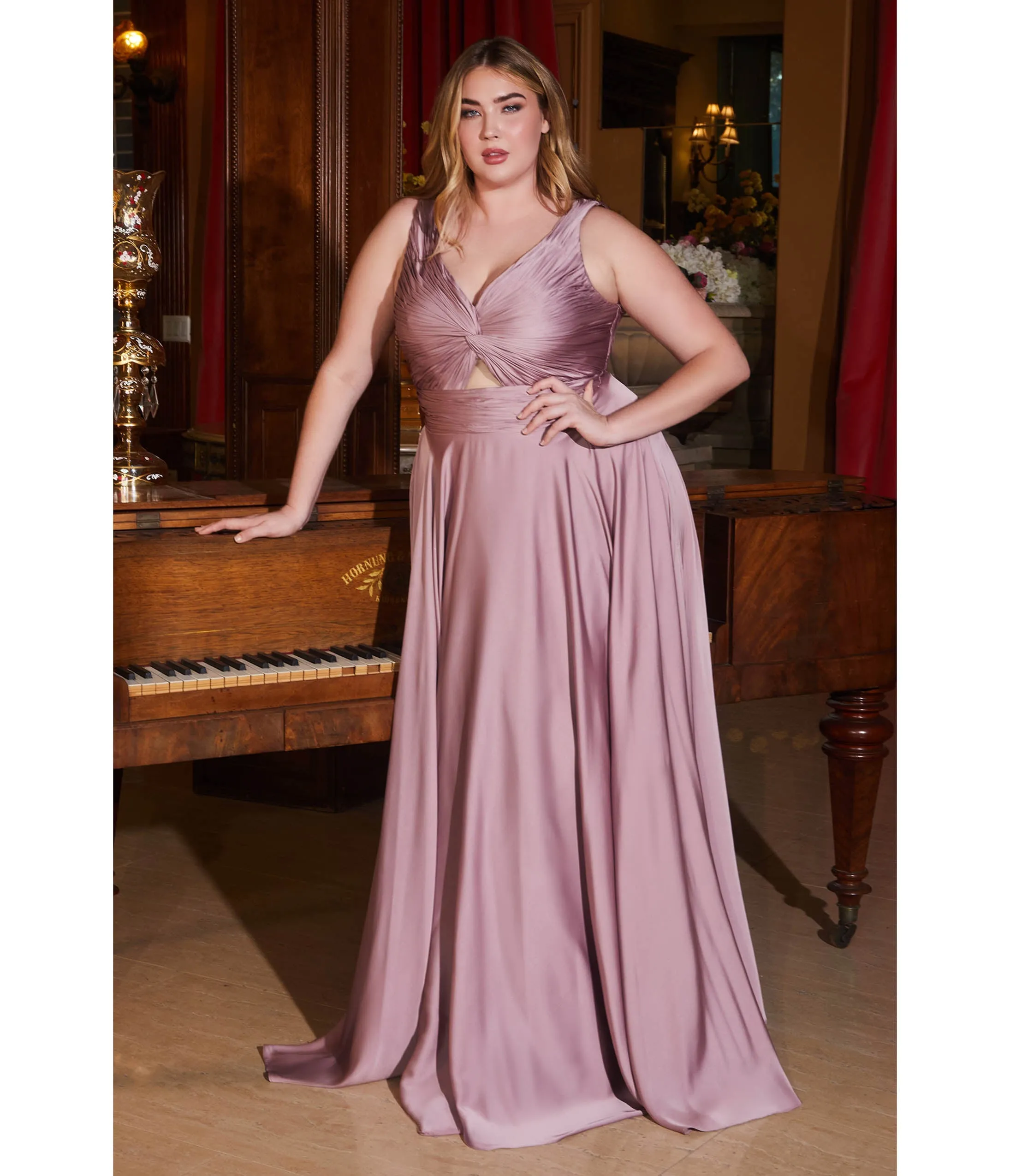 Cinderella Divine Plus Size Mauve Satin Ruched Knotted Keyhole Evening Gown sold by Unique Vintage