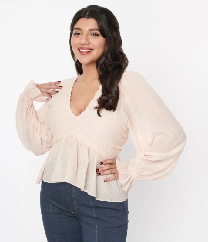 Blush Chiffon Long Sleeve Blouse sold by Unique Vintage