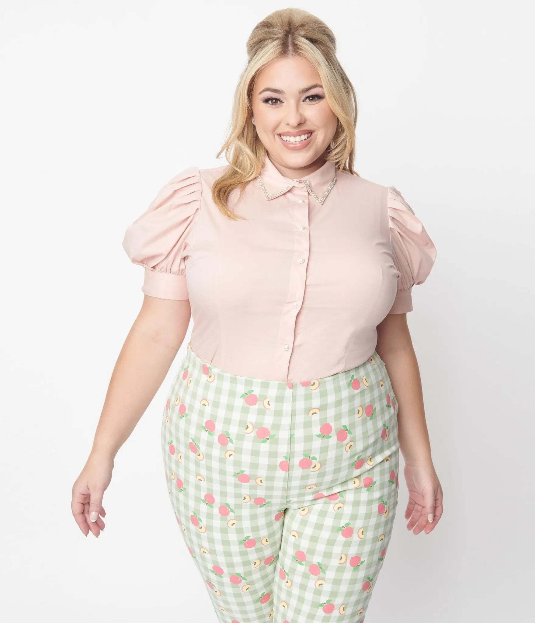 Plus Size Blush Pink Rhinestone Collar Blouse sold by Unique Vintage