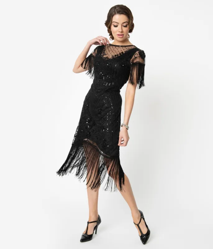 Unique Vintage 1920s Black Beaded Fringe Sleeve Nadine Flapper Dress sold by Unique Vintage