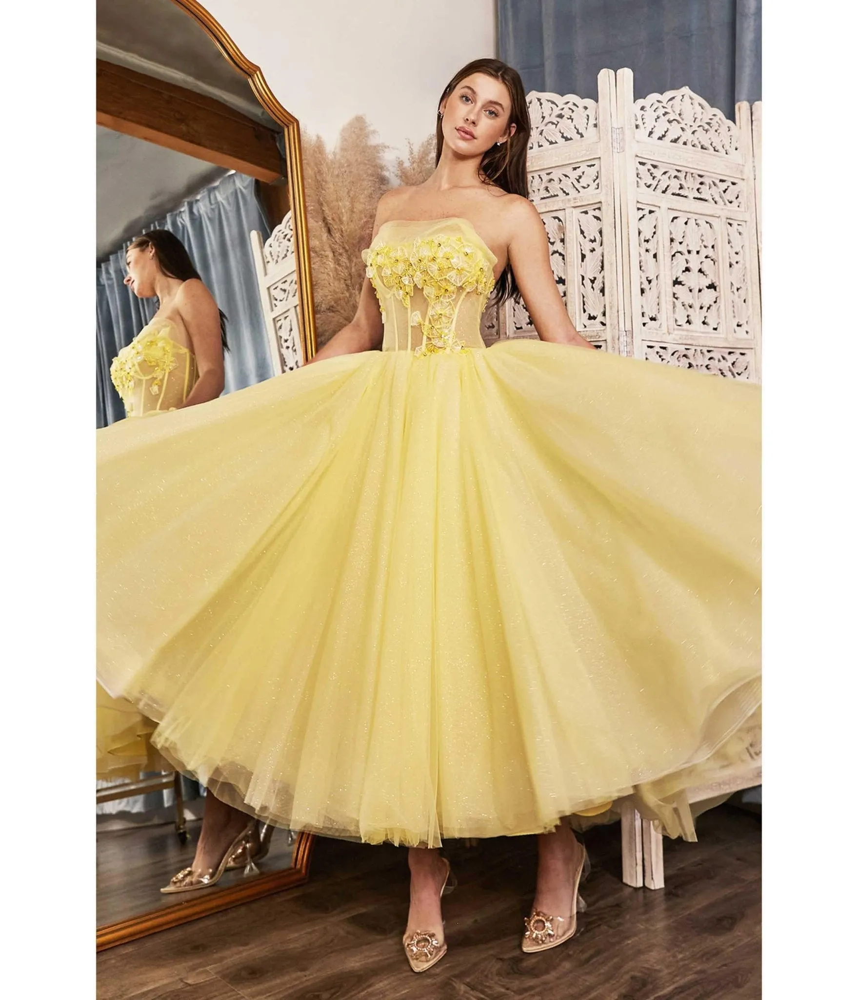 Cinderella Divine Sunshine Yellow Chiffon Royal Tea Length Bridesmaid Dress sold by Unique Vintage product image thumbnail 4