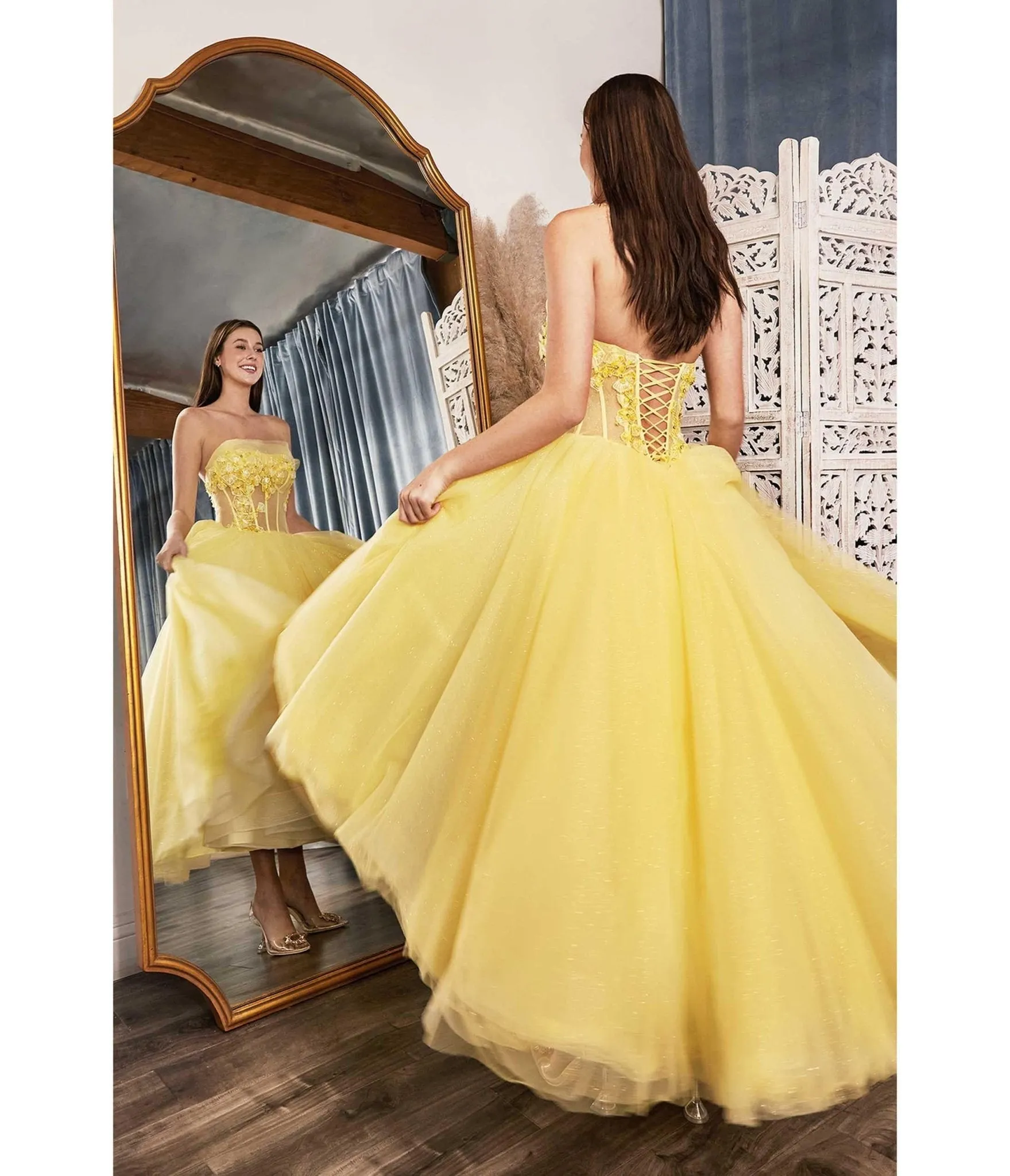 Cinderella Divine Sunshine Yellow Chiffon Royal Tea Length Bridesmaid Dress sold by Unique Vintage product image thumbnail 3