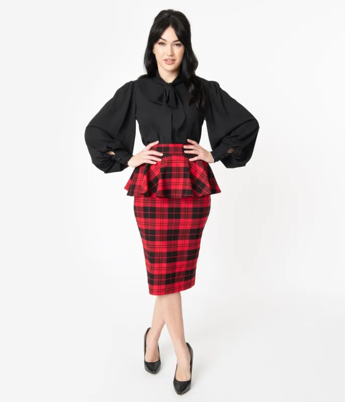 Unique Vintage Black & Red Plaid Peplum Boulevard Pencil Skirt sold by Unique Vintage