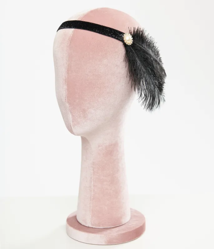 1920s Black & Pearl Rhinestone Feathered Headband sold by Unique Vintage
